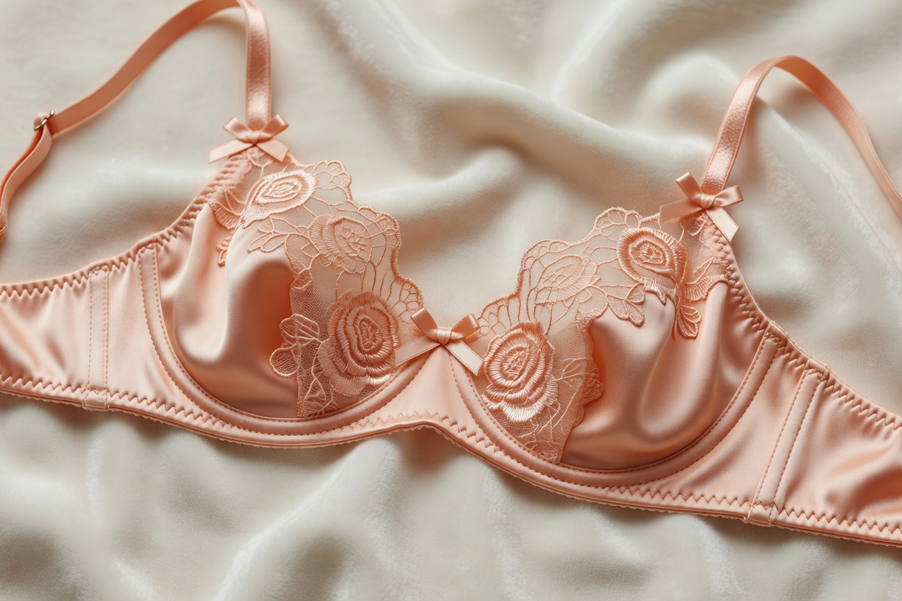 Detail of peach satin and lace bra